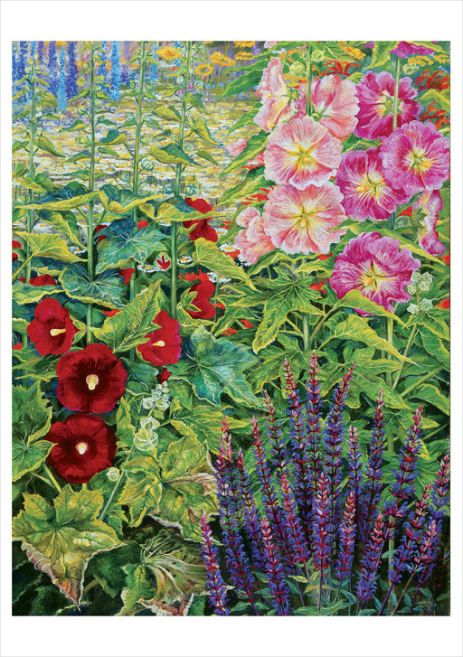 Rosalind Wise: Garden Border with Hollyhocks Notecard_Front_Flat