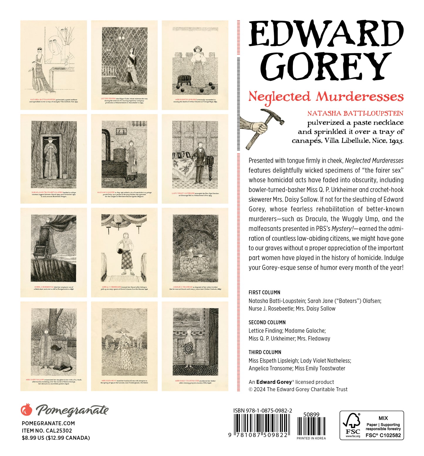 Edward Gorey: Neglected Murderesses 2025 Mini Wall Calendar_Back_Multipiece